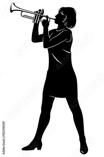 Silhouette of woman playing trumpet. Vector clipart isolated on white.