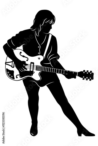 Woman playing electric guitar silhouette. Vector clipart isolated on white.