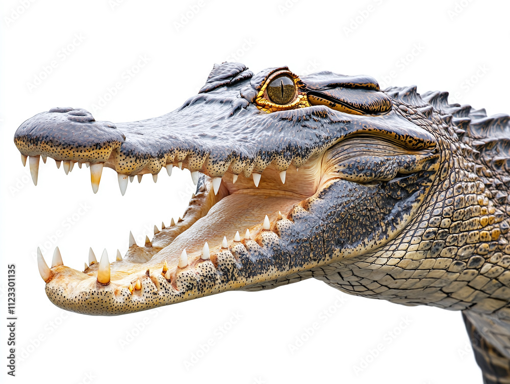 Obraz premium Powerful crocodile with sharp teeth isolated on white background.