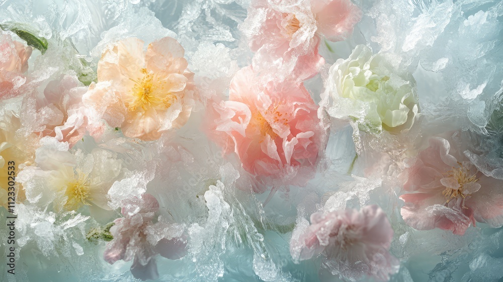 Soft pastel flowers trapped in sheets of ice, creating an ethereal effect with natural light highlighting the frosty layers Soft pastel flowers trapped in sheets of ice, creating an ethereal effect with natural light highlighting the frosty layers