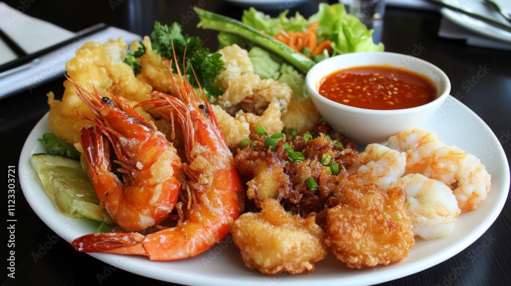 Delicious Seafood Platter with Shrimp, Fish, and Fresh Vegetables Delicious Seafood Platter with Shrimp, Fish, and Fresh Vegetables