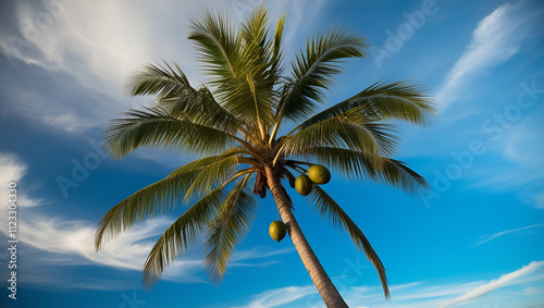 A Majestic Coconut Palm Tree with a Slender Trunk Against a Beautiful Sky

