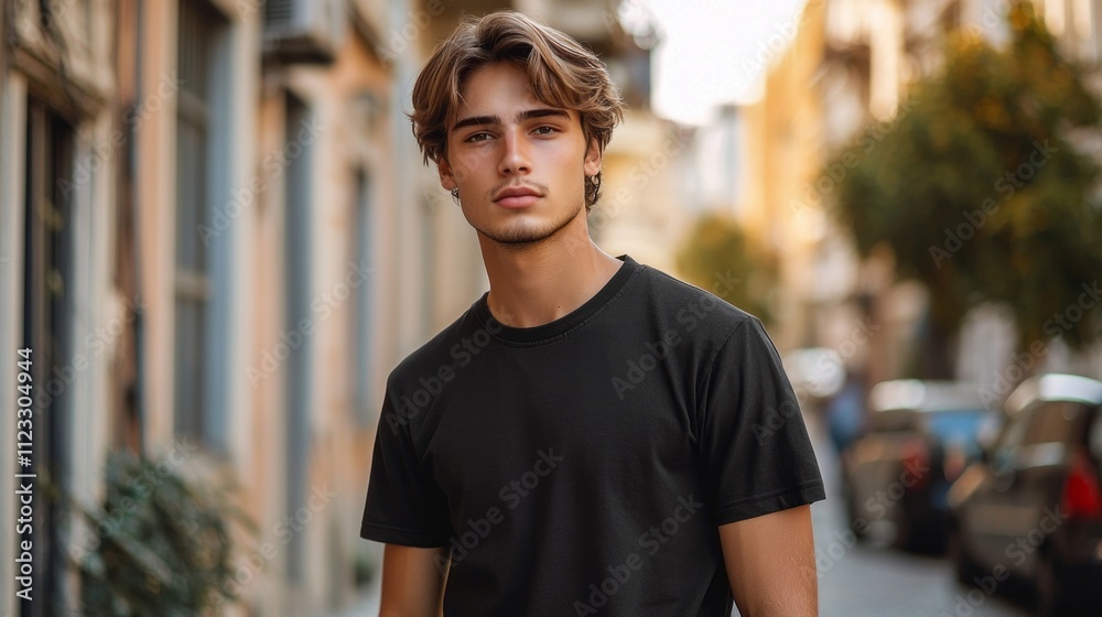 Fototapeta premium A stylish young man stands confidently on a charming city street, wearing a black shirt and exuding an air of modern fashion and self-assuredness