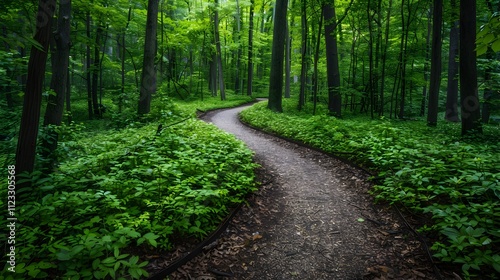 A path through a forest with a lot of green plants