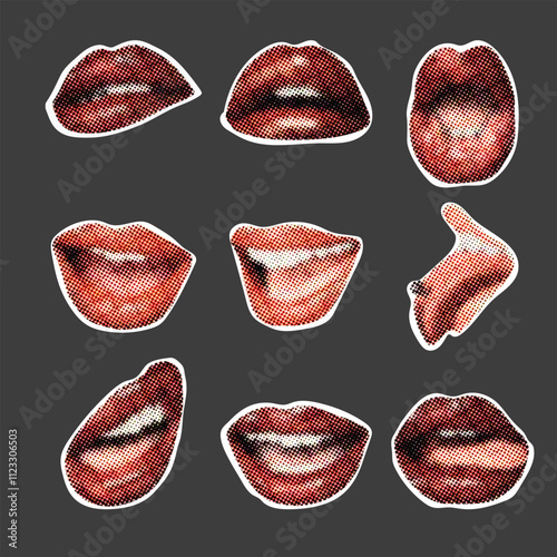 lips expression stickers vector sexy Valentine’s day red retro photocopy effect elements set.Trendy y2k aesthetic vector illustration with stippling grainy effect