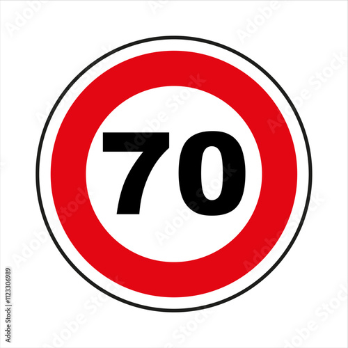 Red and white circular road sign indicating a maximum speed limit of 70, emphasizing traffic safety