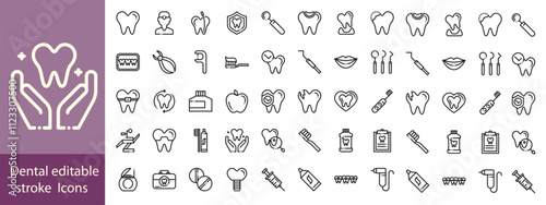 Set of dental health related icons. Dentistry, orthodontic treatment and hygiene. Pixel perfect, editable stroke set