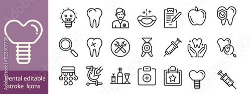 Set of dental health related icons. Dentistry, orthodontic treatment and hygiene. Pixel perfect, editable stroke set