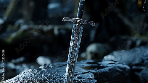 A sword is shown in a dark, moody setting