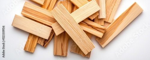 Scattered wooden strips on a white background photo