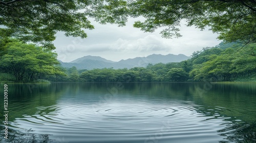 Serene lake surrounded by lush green forest and mountains under a cloudy sky, tranquil ripples on the water's surface. photo