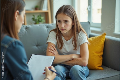 A teenage girl wearing a white T-shirt with her arms crossed sits on a sofa in a brightly lit office and looks hesitant while a psychologist takes notes in a notebook.