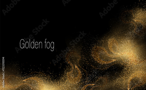 Isolated gorgeous glitter mosaic, golden fog on black background.