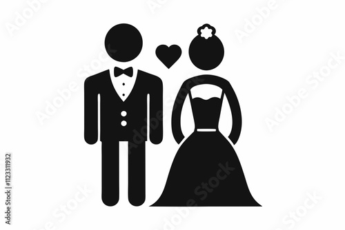 vector illustration of a silhouette of a loving couple, Wedding silhouette figures of newlyweds. Heart Shape Line Art. Vector illustration. Simple vector wedding couple silhouettes.