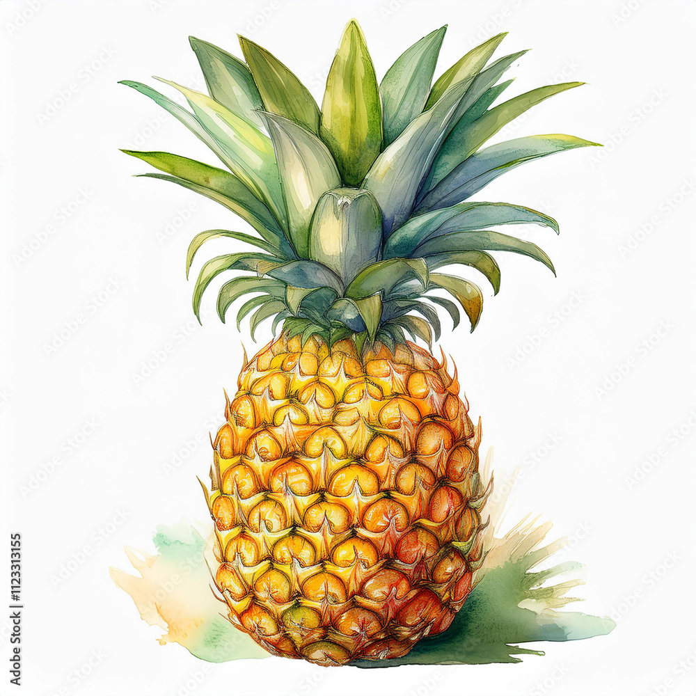 Fototapeta premium Watercolor painting of fresh pineapple isolated on white backdrop. Tropical fruit. Aquarelle art.