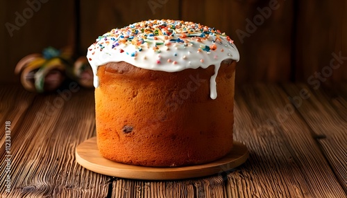  Golden-brown kulich on a rustic wooden table, decorated with white glaze and colorful sprinkles. photo