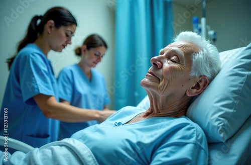 Medical care for the elderly. A pensioner is lying on a hospital bed in a ward. photo