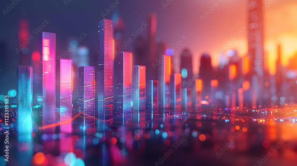 A city skyline with neon lights and a bright orange sunset in the background A city skyline with neon lights and a bright orange sunset in the background