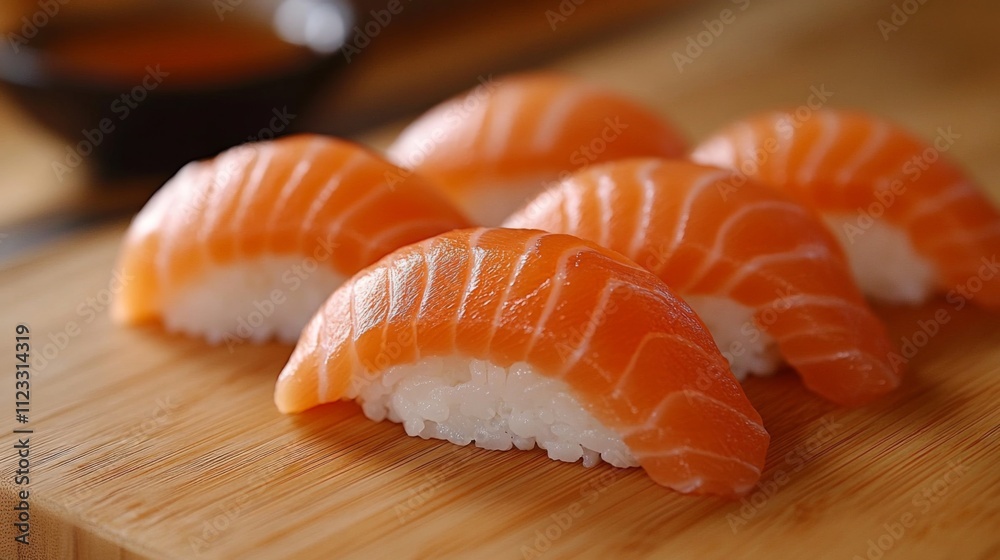 Fresh Sushi Nigiri with Salmon on a Wooden Board Serving Platter Fresh Sushi Nigiri with Salmon on a Wooden Board Serving Platter