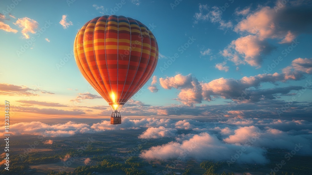 Obraz premium A vibrant hot air balloon soaring above a scenic landscape at sunset.