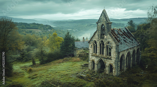 A derelict church overlooking a desolate valley, its roof torn off by a past storm.A derelict church overlooking a desolate valley, its roof torn off by a past storm. photo