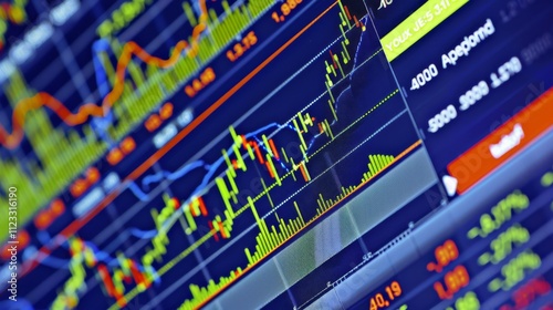 Close-up of digital stock market screen showing upward trend graph, symbolizing stock buyback, financial charts and candlestick patterns in background.