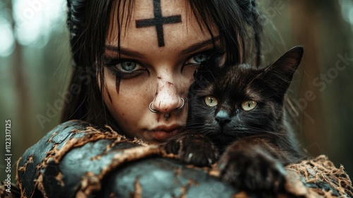 Woman with a cross drawn on her forehead, holding a black cat, both with intense gazes