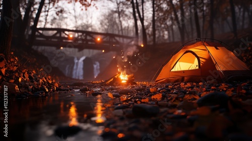 A cozy camping scene with a tent, campfire, and a bridge with lights in the background, all illuminated by the warm glow of the fire