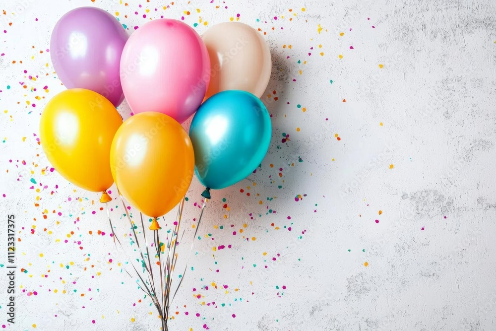 Blank square frame mockup with color balloons and confetti Blank square frame mockup with color balloons and confetti