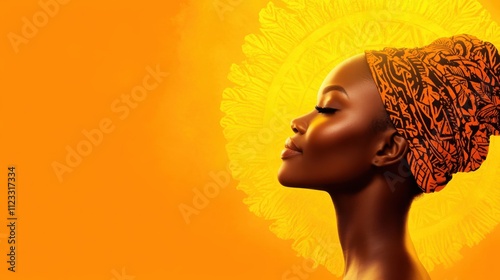 Side profile of a woman with a serene expression, wearing a patterned headwrap, set against a vibrant orange background with a sun-like halo effect