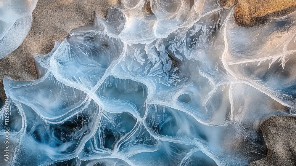 Obraz premium Thin sheets of ice partially buried in desert sands, with intricate patterns visible through translucent frozen layers