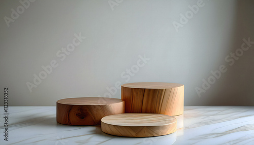 Three Podiums. Wood Material on white Background