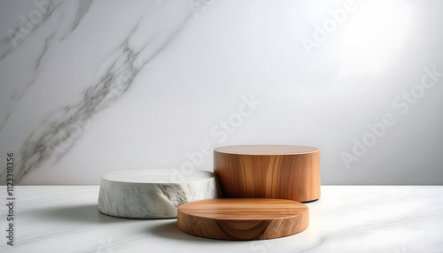 Natural Material Pedestals. Wood, Marble, and Stone on white Background