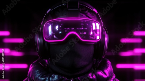 Person wearing a futuristic headset with glowing pink lights, set against a dark background with neon pink lines