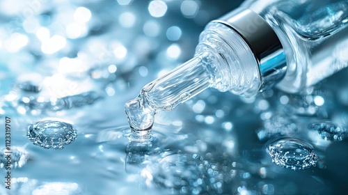 Close-Up of PDRN Serum or Ampoule: A close-up of a clear serum bottle with a dropper, enhanced by gentle, natural light reflections for a minimalist look. 
