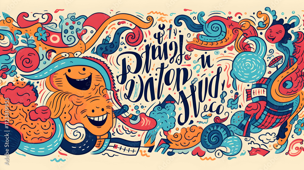 Obraz premium Vibrant doodle art featuring cheerful characters and playful lettering. A burst of color and energy in a whimsical design.