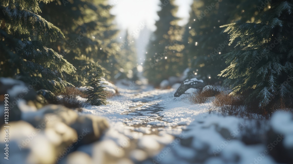 Fototapeta premium Snowy winding path in mountain forest with sunlit evergreens