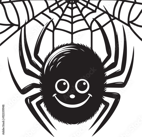 A smiling spider hanging upside down from a web silhouette vector