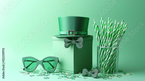 Green gift box with ribbon photo