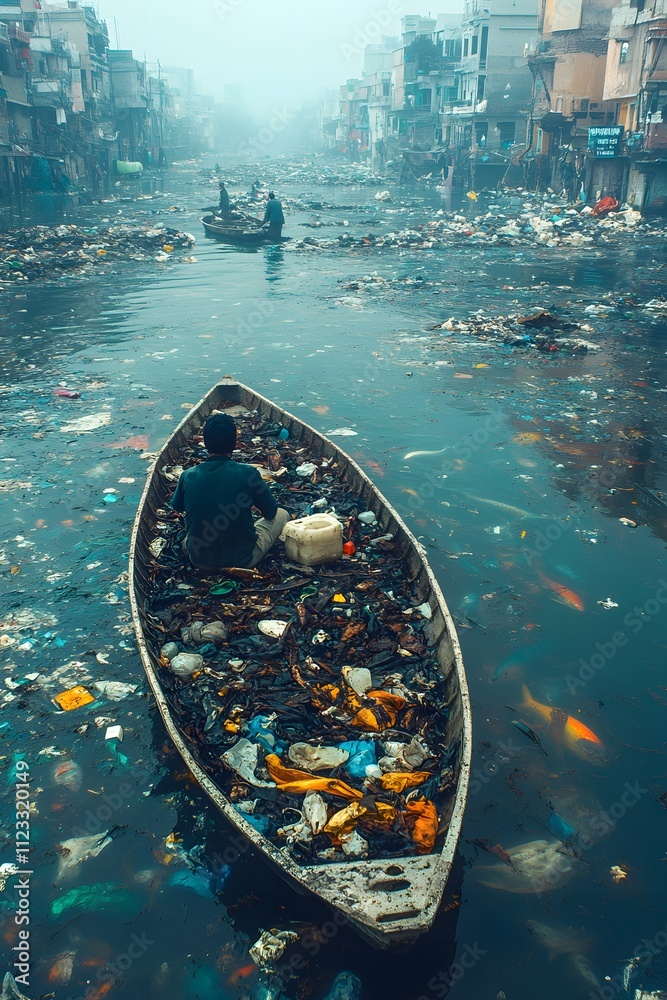 Fototapeta premium Polluted Water Fishing: Fishermen fish amid garbage and dead fish in polluted waters, highlighting environmental degradation and its impact. Ideal for conservation campaigns or pollution warnings.