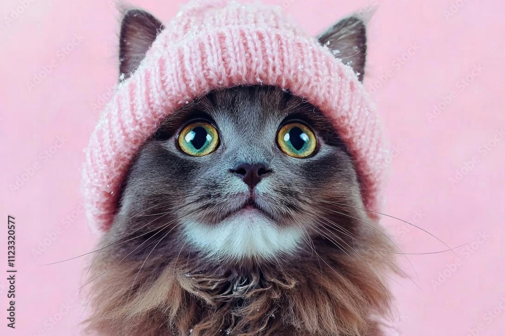 Obraz premium Kitten in warm hat isolated on pink background