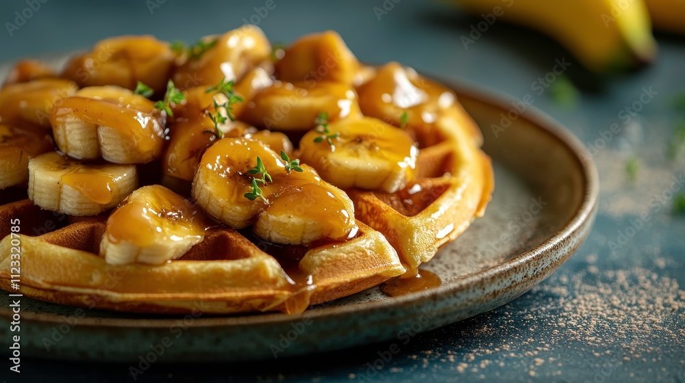 Delicious Waffle with Banana and Caramel Topping Delicious Waffle with Banana and Caramel Topping