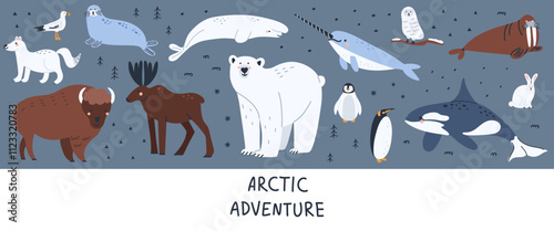 Arctic animals. Polar birds and mammals. Northern cute inhabitants. White bear, elk, killer whale, bison. Cute arctic fox, hare, penguin. Cartoon flat isolated north wildlife fauna illustrations set