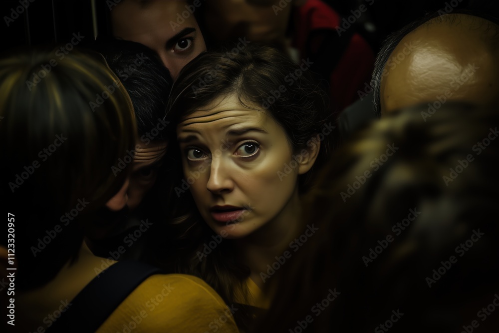 Worried middle-aged woman in crowded space. Concept of evacuation during emergency.