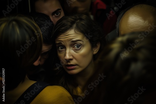 Obraz na płótnie Worried middle-aged woman in crowded space. Concept of evacuation during emergency. w salonie