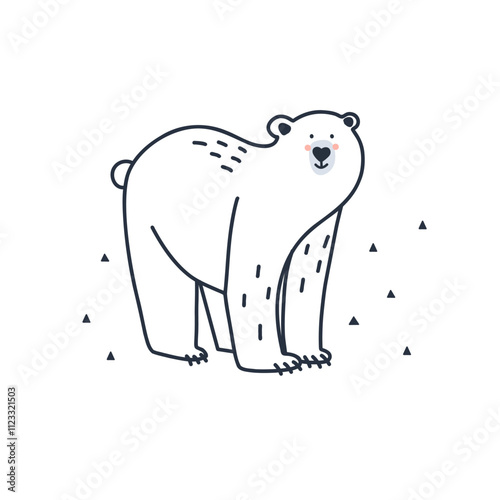Arctic animal. Doodle Polar bear. Northern cute inhabitant. Character in snow forest. T-shirt print, card or poster. Childish and baby decorative cute cartoon flat isolated north fauna illustration
