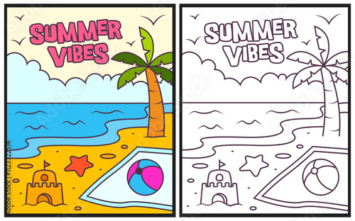 Summer vibes coloring page vector illustration