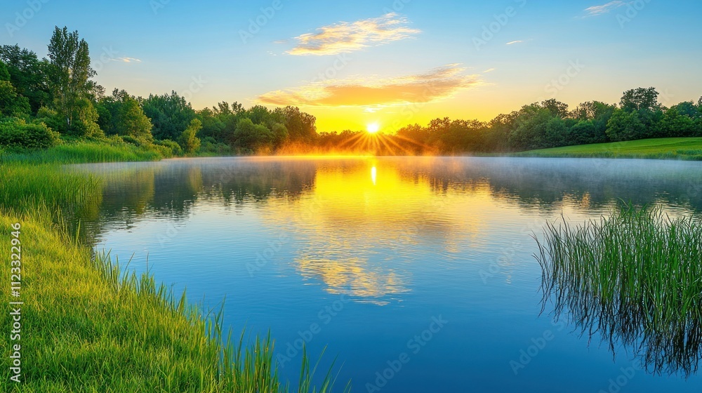 Serene sunrise over a tranquil lake, surrounded by lush greenery. Serene sunrise over a tranquil lake, surrounded by lush greenery.