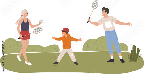 Family members enjoying a sunny day in the park, playing badminton together amidst lush greenery, creating joyful memories filled with laughter, exercise, and bonding