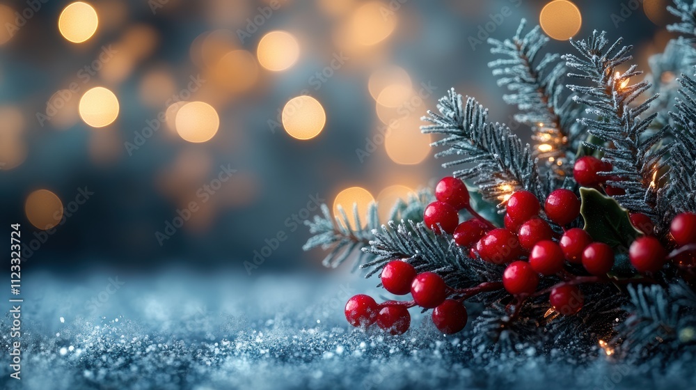 Holly garland with red berries and icy blue bokeh background Holly garland with red berries and icy blue bokeh background